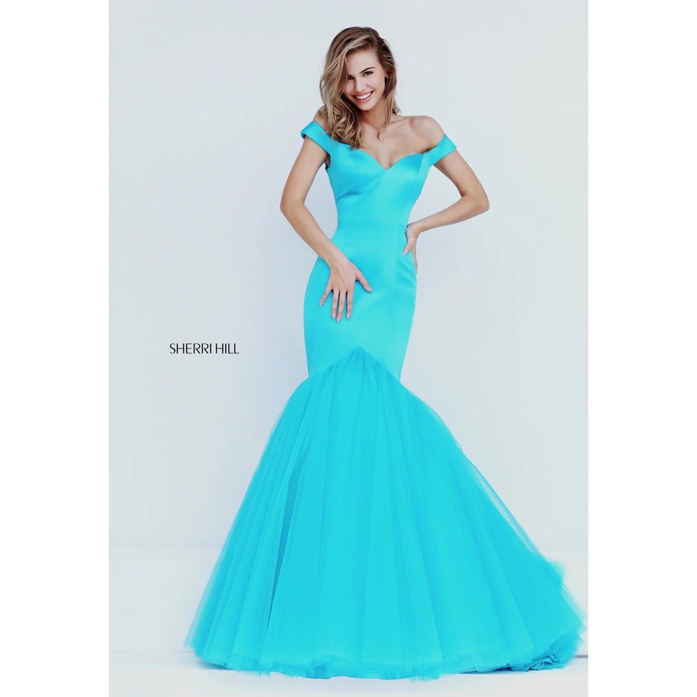 Sherri Hill 50732 Turquoise Off Shoulder Mermaid Gown Size 8 NWT